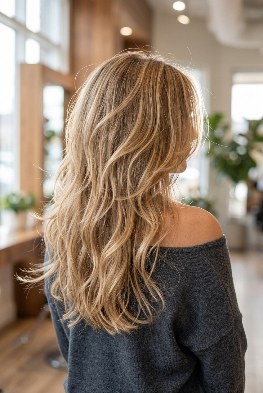 long shag haircut in golden blonde with caramel lowlights, sweeping curtain bangs — romantic bohemian