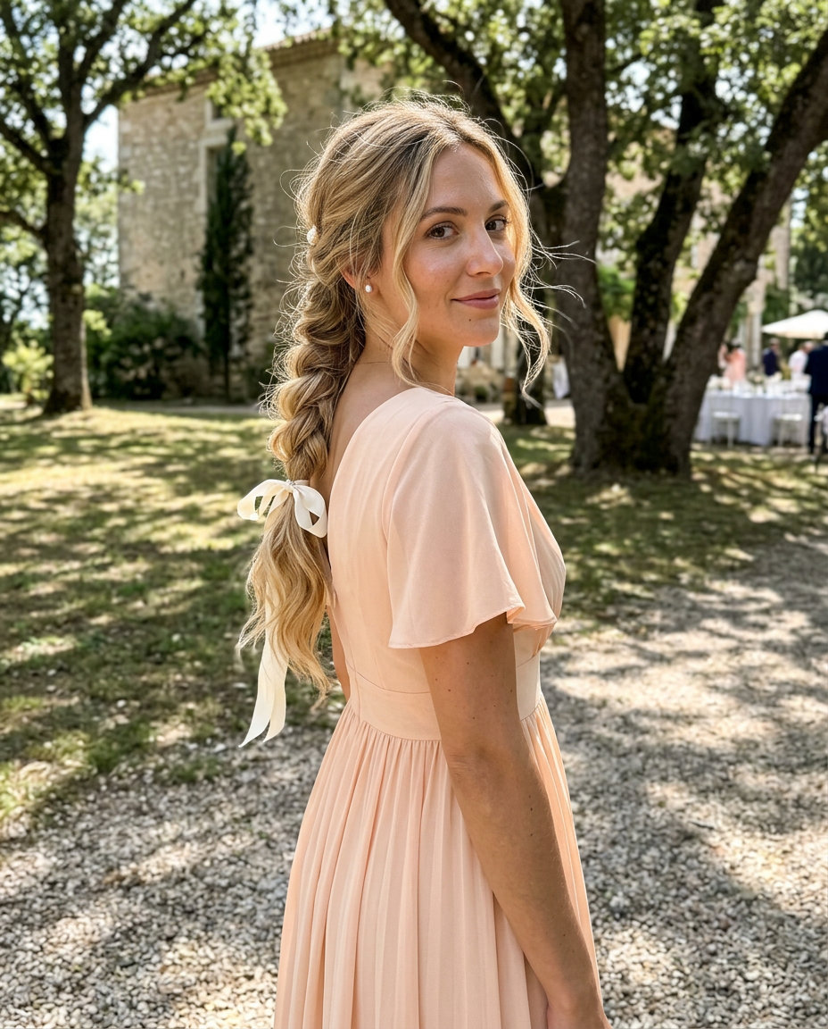 long golden blonde side braid with ivory ribbon for wedding guest