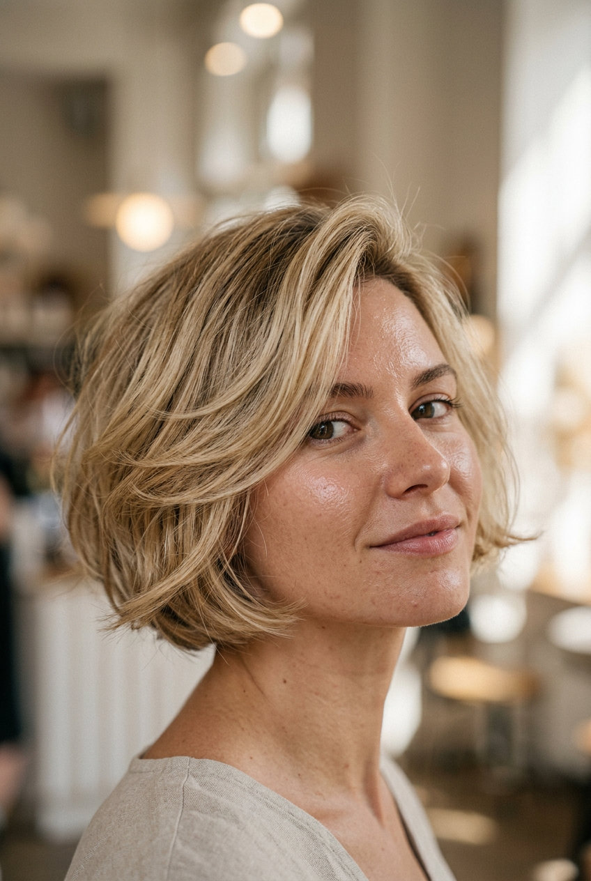 short bob haircut with warm golden blonde & honey accents, blunt chin-length cut for bouncy look
