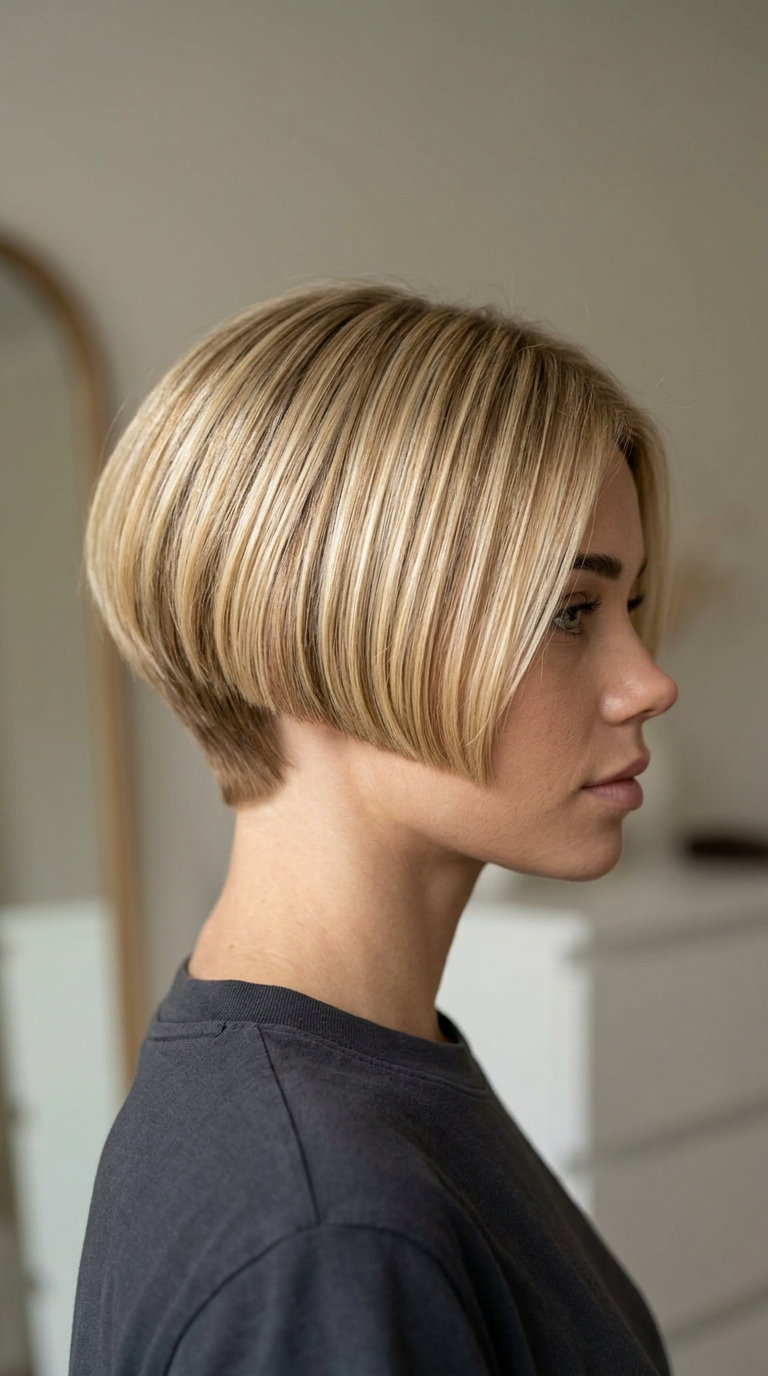 Golden Blonde Pixie Haircut 2026 very short pixie haircut in golden blonde with lowlights & side-swept fringe for sophistication