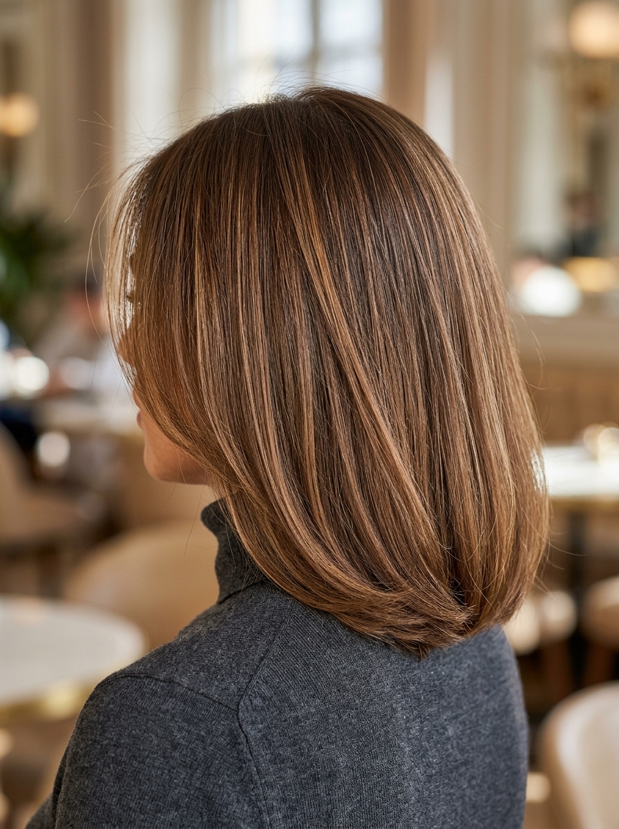 medium lob haircut with caramel balayage, rounded perimeter, and subtle layers for a sophisticated look