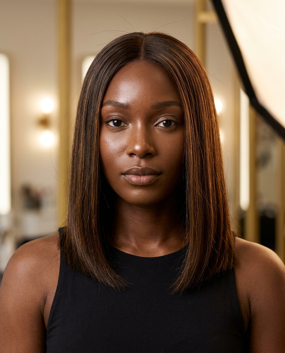 long espresso brunette hair color with golden amber undertones, all-over gloss, for summer