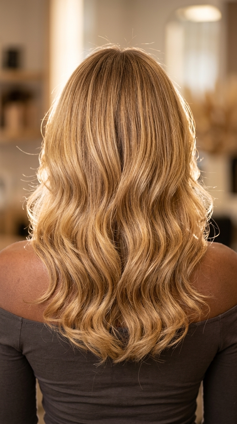 long golden honey blonde with soft root, translucent tones, romantic waves — romantic evening