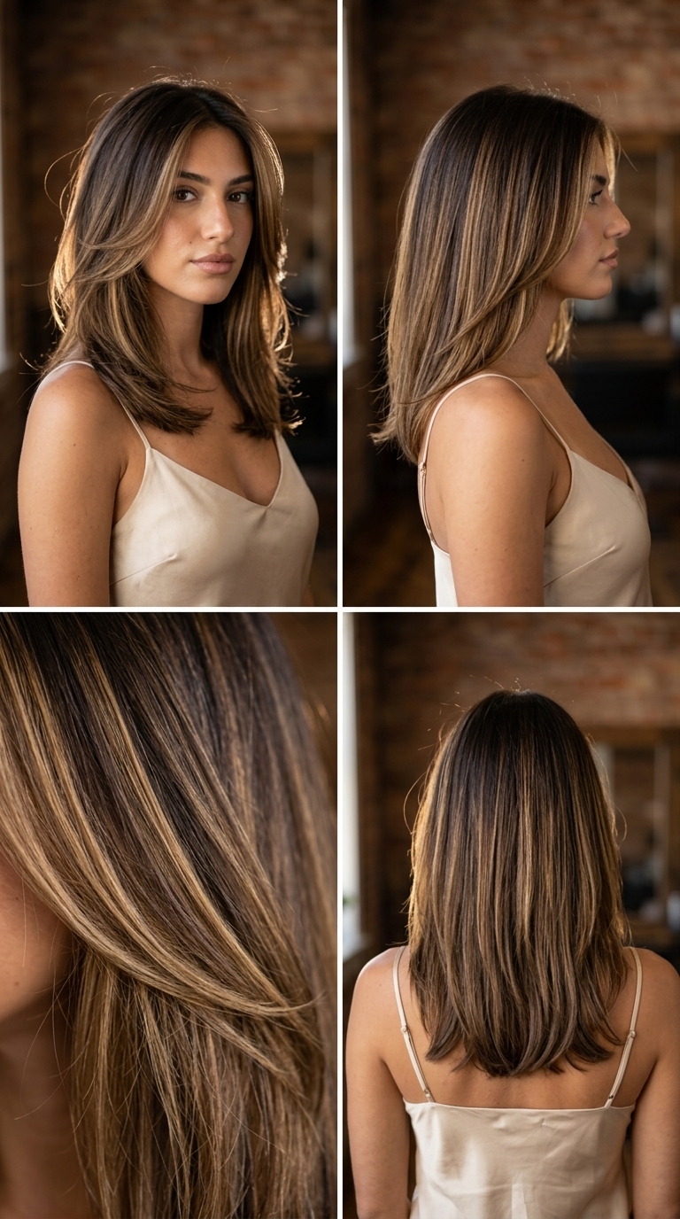 long flowing layered espresso brunette with golden-honey balayage for summer