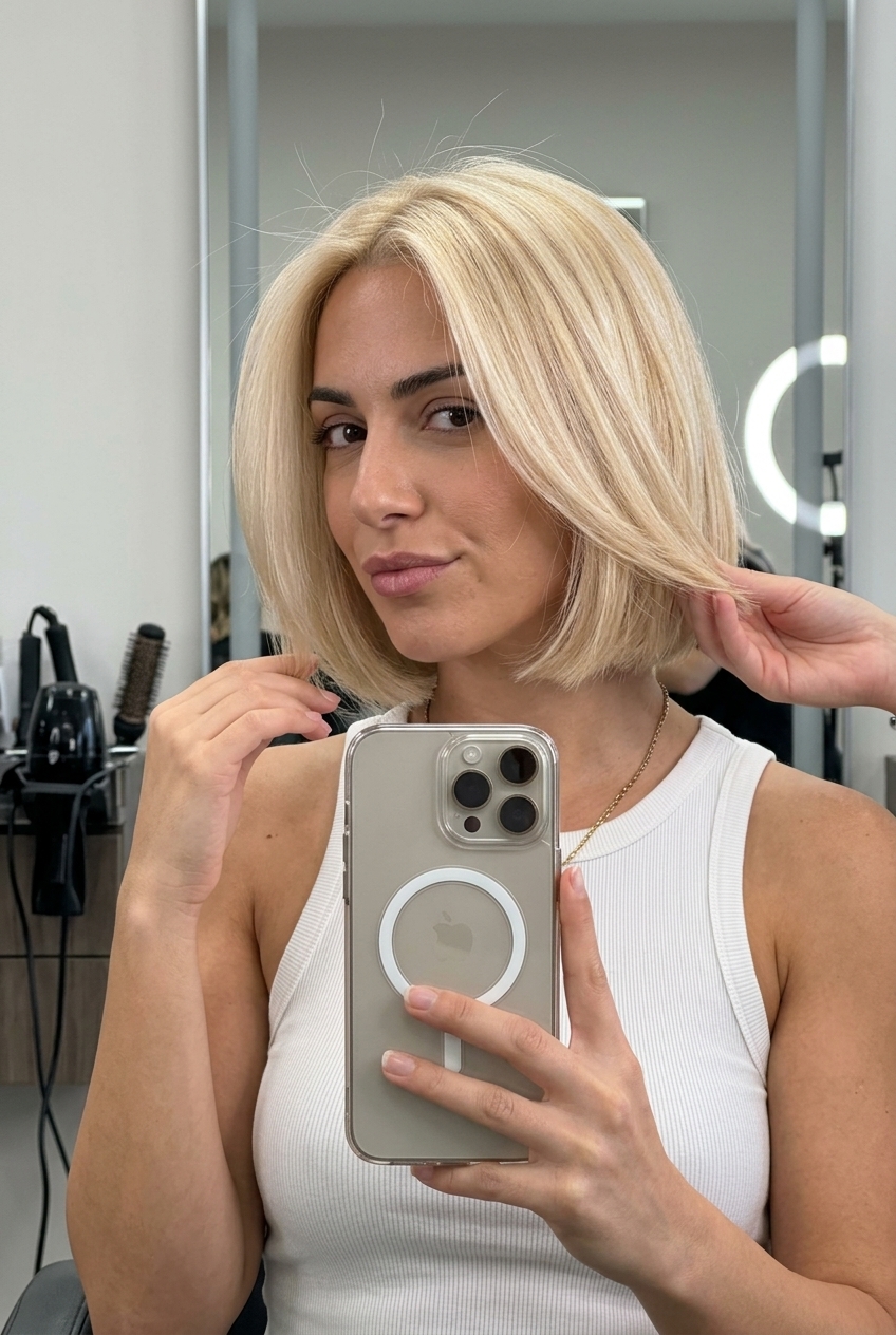 short pixie hair color with golden platinum blonde, creamy vanilla, and soft root for glamorous