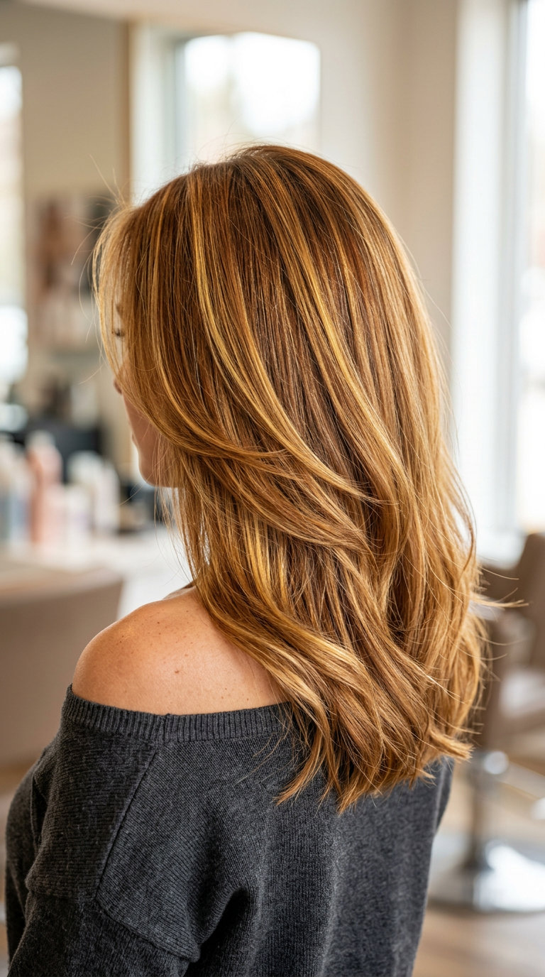 Golden Russet Auburn Highlights 2026 long layered auburn hair color with yellow-gold highlights, bronze lowlights — soft & inviting