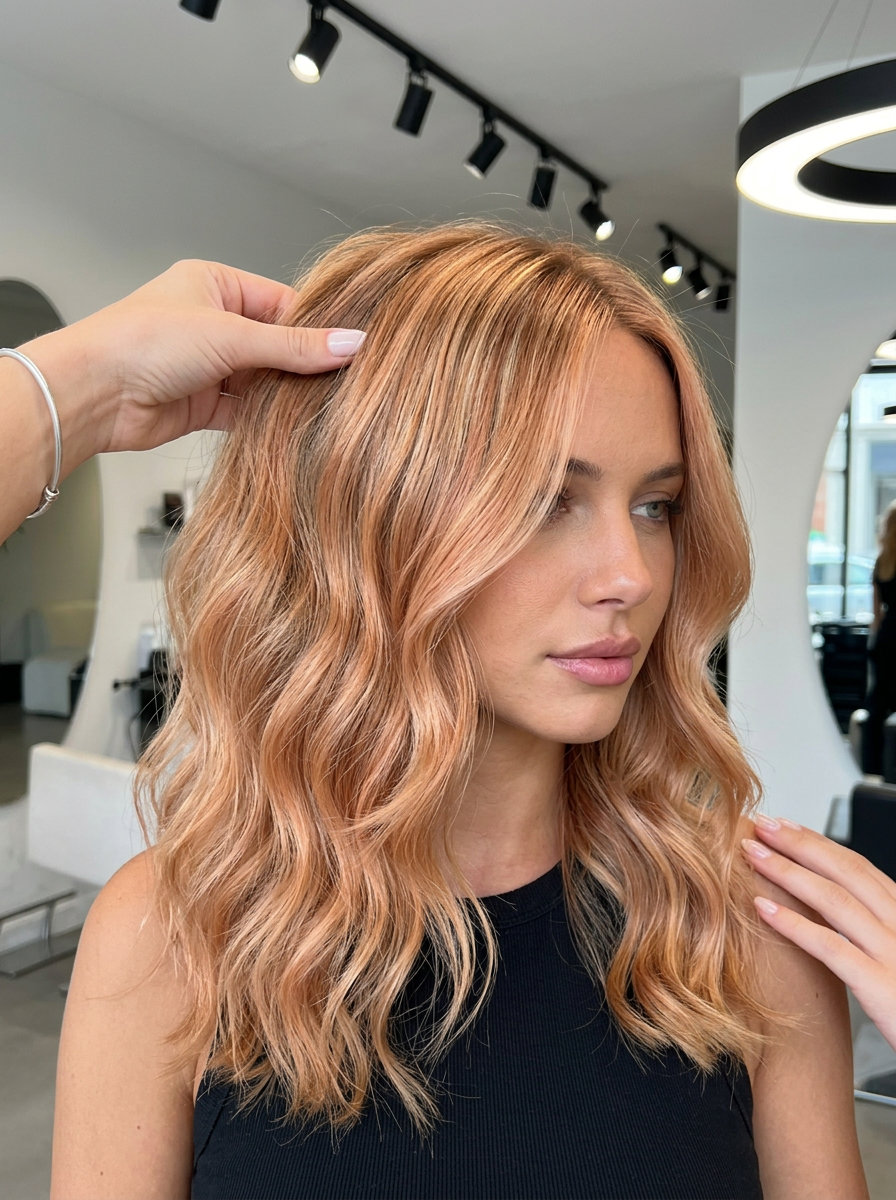 long golden strawberry air touch balayage with soft copper undertones, diffused highlights for summer wedding guest
