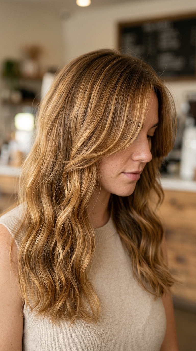 long layered waves with golden syrup brunette, face-framing layers, no bangs — warm natural look