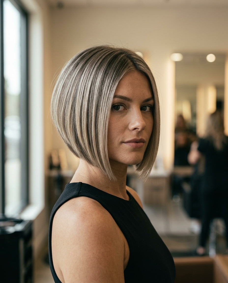Graphite Ash Blonde Graduated Bob: Sophisticated 2026 medium graphite blonde graduated bob with smoky lowlights, blunt cut, angled front for professional look