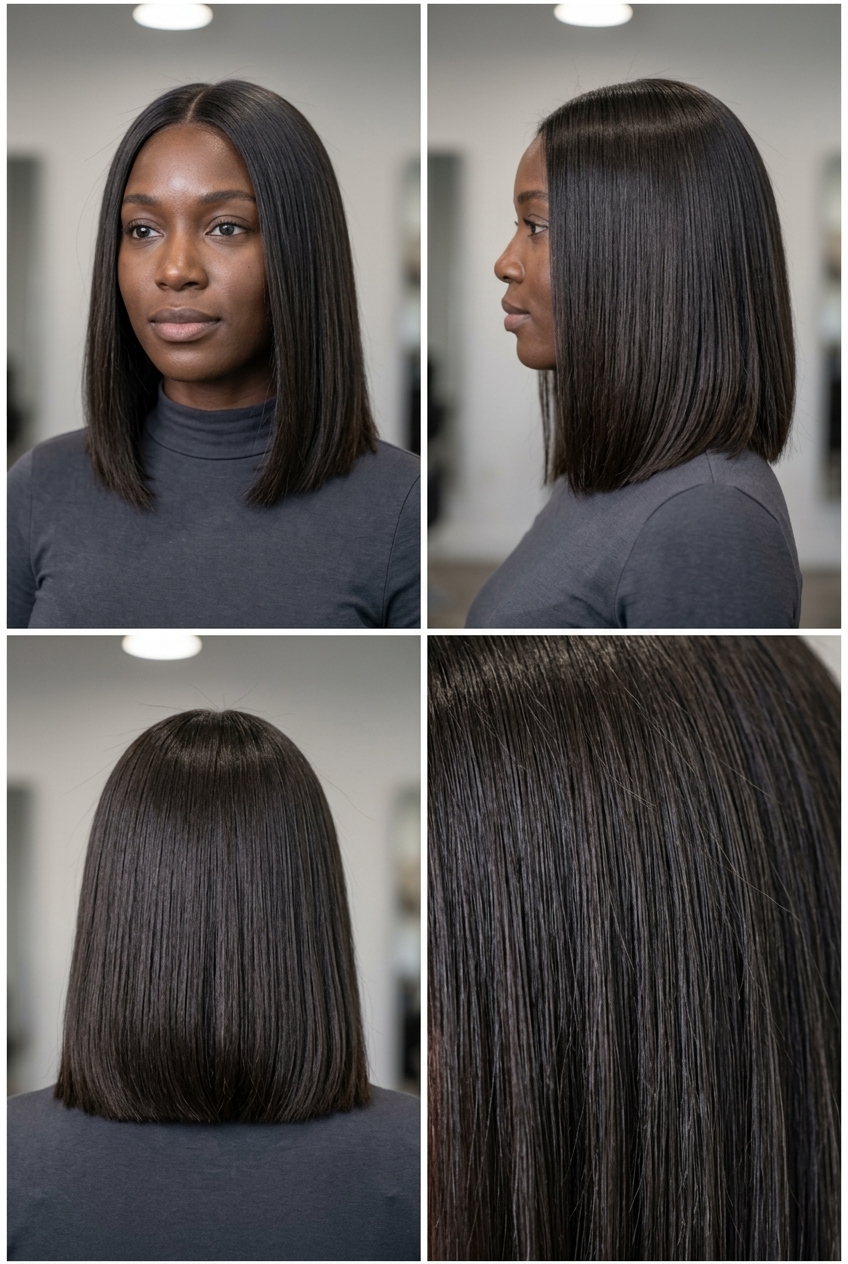 long graphite brown lob with blunt perimeter and center part — chic sophisticated