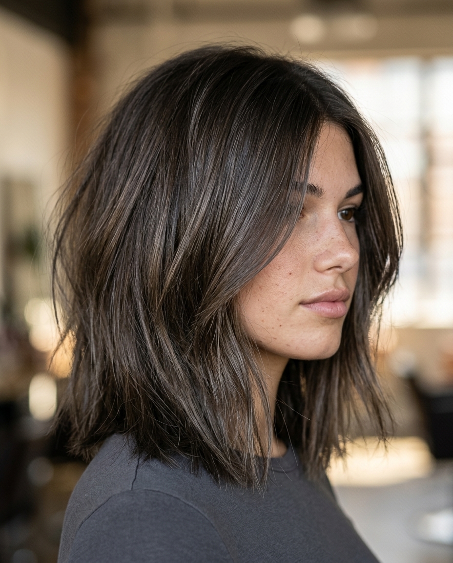 long graphite brown lob with choppy layers and asymmetrical front — edgy sophisticated