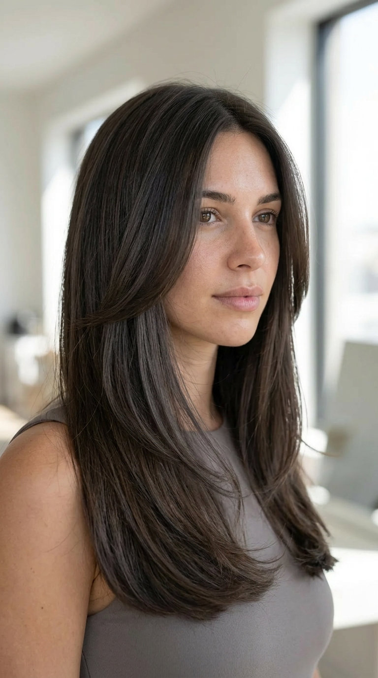 long graphite brown haircut with subtle seamless layers and a U-shaped back for a sophisticated look