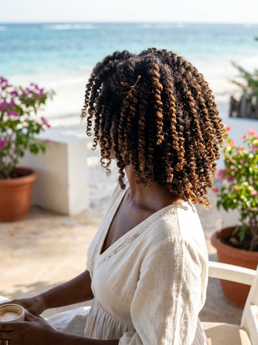 long natural twists out with defined curls and honey blonde balayage for summer