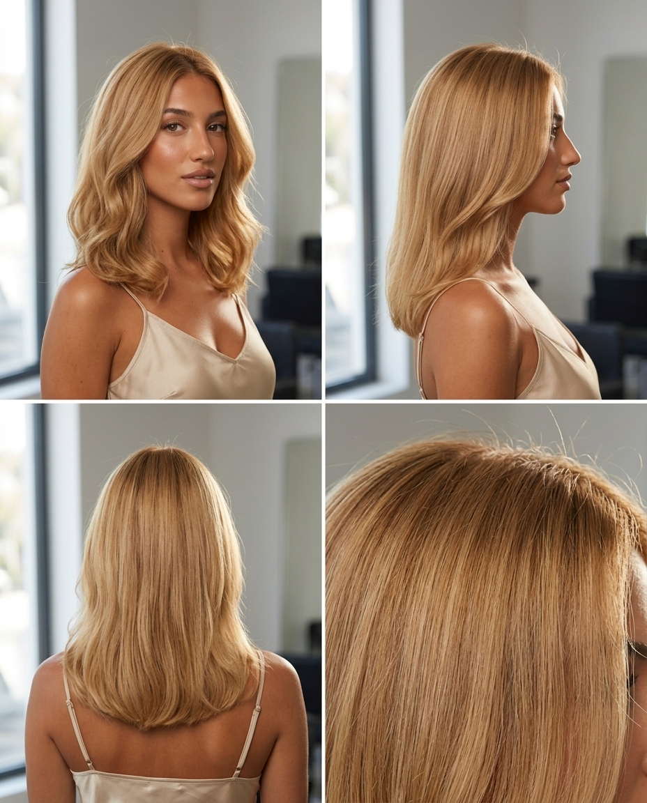 long honey blonde all-over with U-shaped back for summer