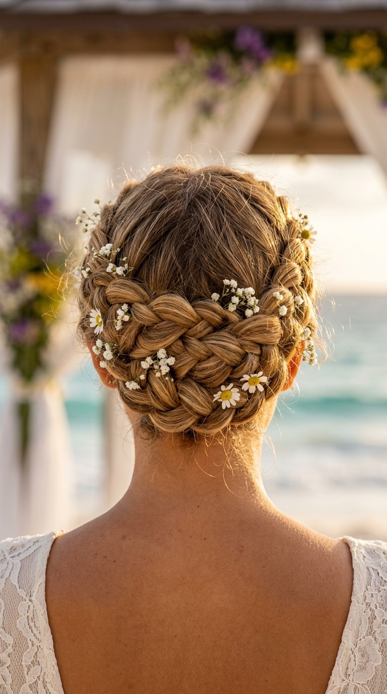 long sun-kissed honey blonde twisted crown braid with golden highlights, Dutch braid, face-framing tendrils — romantic garden party