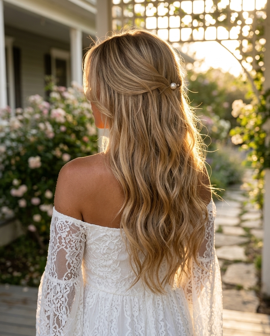 long layered haircut honey blonde with golden babylights, face-framing pieces, U-cut — romantic