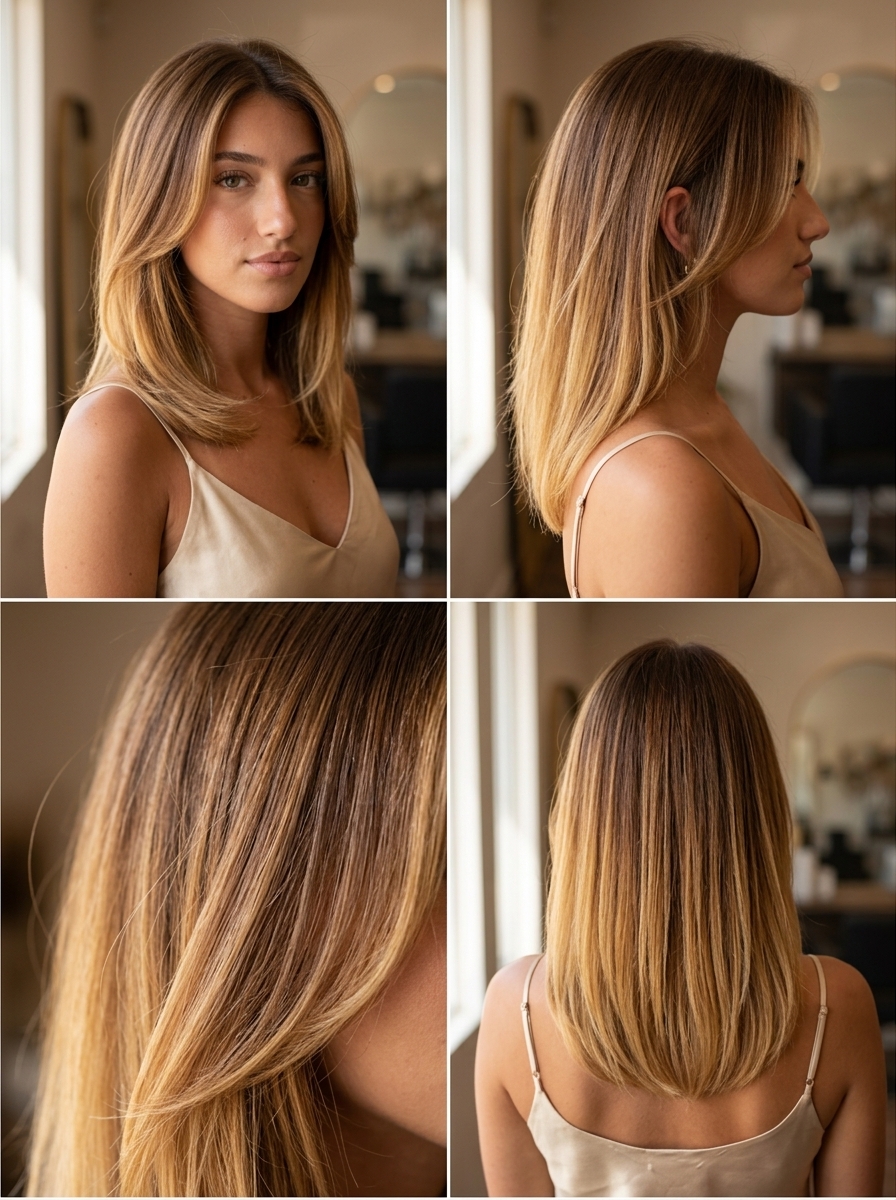 long warm chestnut to honey golden blonde ombre with buttery undertones, AirTouch blend — natural brunch