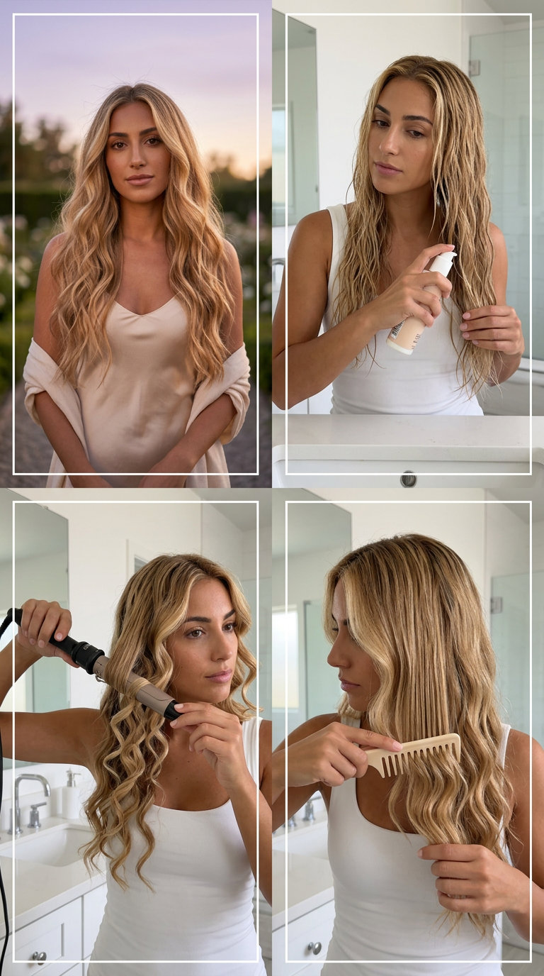 long wavy hairstyle with warm honey blonde, golden babylights and soft layers for weddings