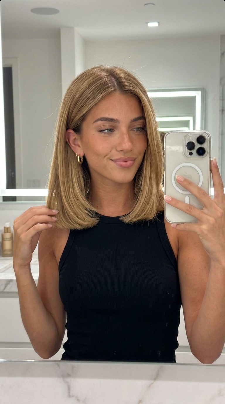medium blunt haircut with warm honey blonde and golden babylights for summer