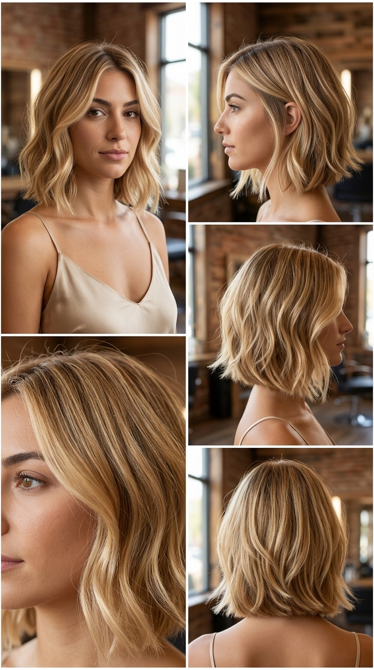 short bob haircut with warm honey blonde & golden babylights, soft face-framing layers for wavy look