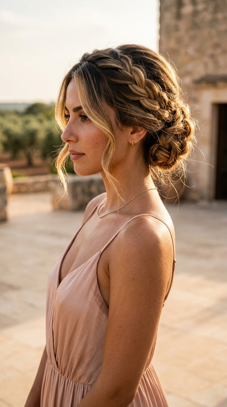 long honey bronde braided updo with face-framing braids and textured bun for wedding guest