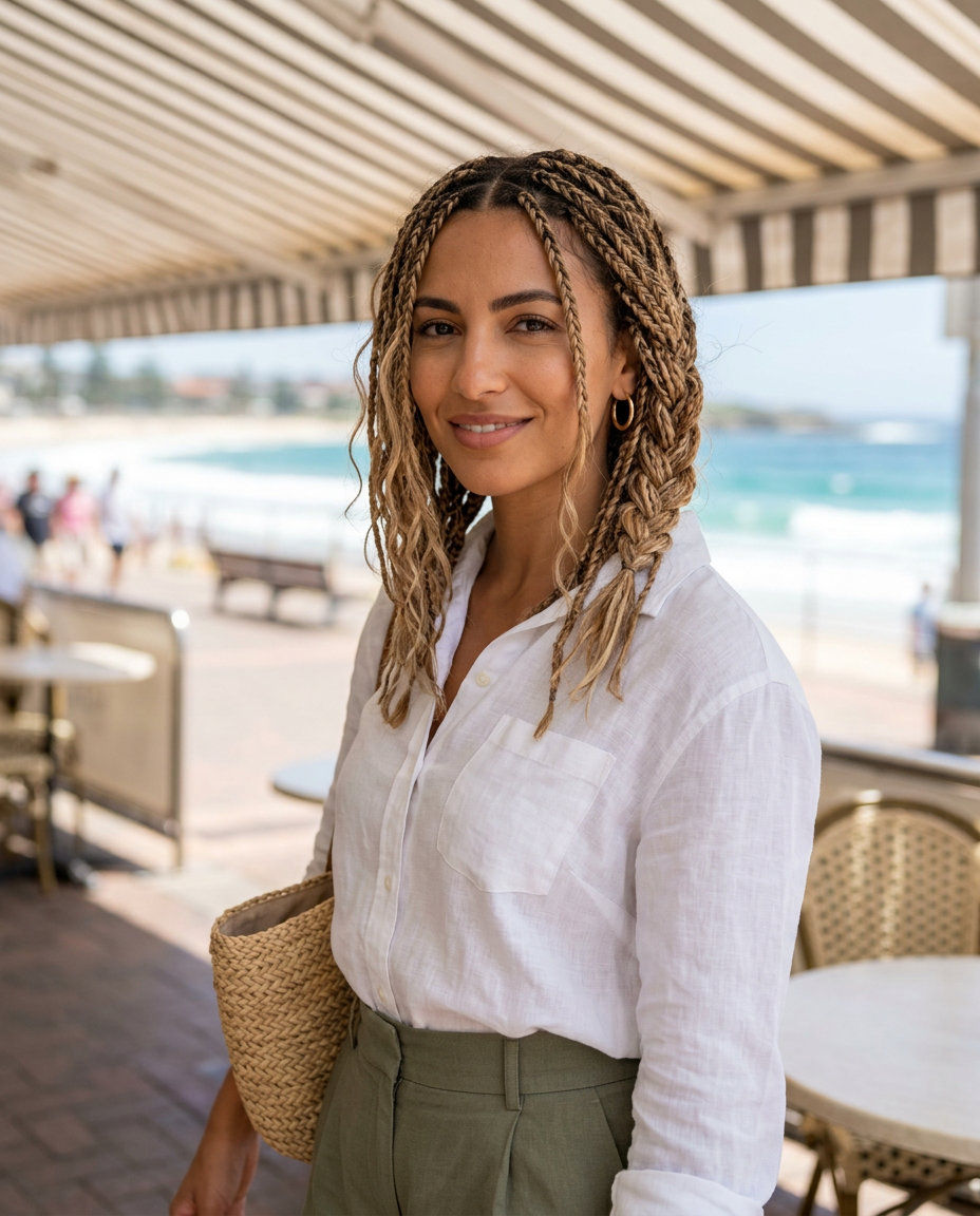 medium honey bronde braided lob with caramel balayage and deconstructed texture for brunch