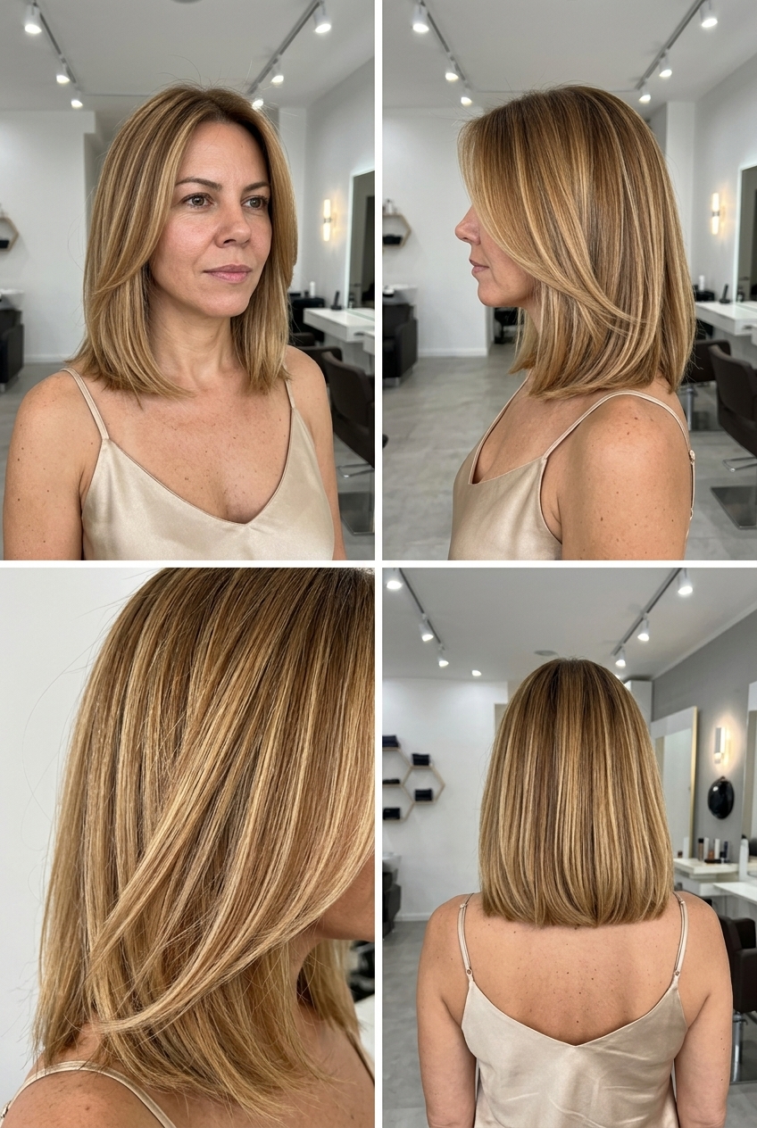 collarbone-length lob haircut with honey blonde balayage and golden caramel, face-framing layers — romantic summer waves