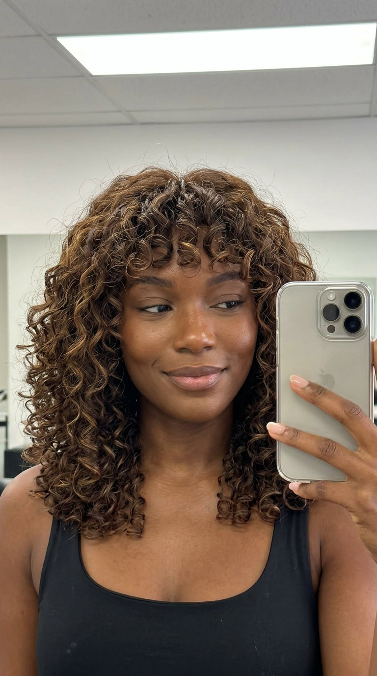 shoulder-length curly shag with honey highlights, bottleneck bangs and sun-kissed ends — playful and bohemian