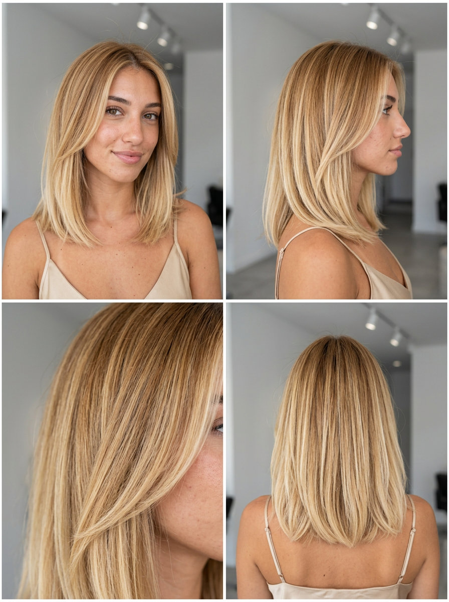 long layered honeycomb blonde balayage with golden blonde melt, air touch technique — warm & radiant