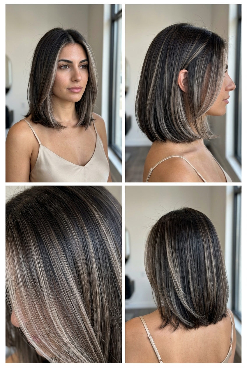 long espresso brunette hair color with iced ash-brown money piece, cool undertones, for summer