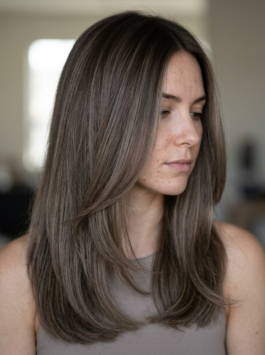 long layered haircut with iced coffee balayage, seamless layers, and point-cut ends for summer