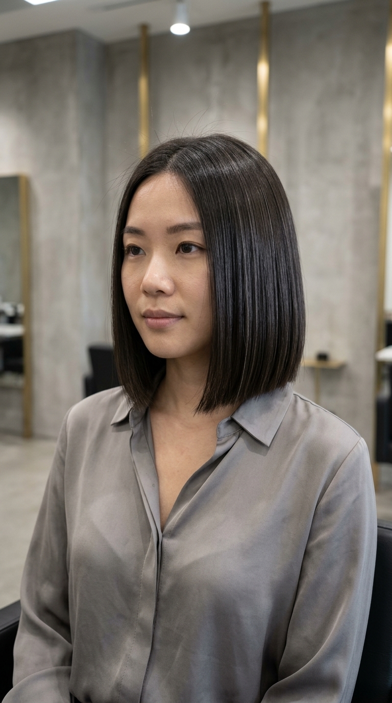 chin-length blunt bob haircut with iced espresso brunette, single-process color, and glossy finish for minimalist looks