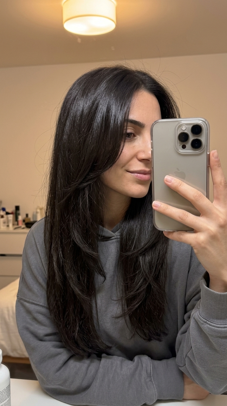 extra-long hair in deep iced espresso brunette with cascading layers and face-framing layers, glamorous waves — sophisticated event