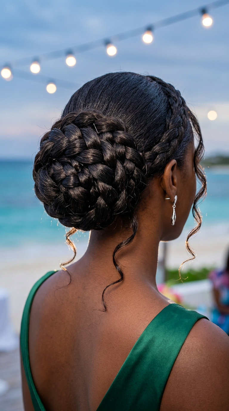 long braided updo hairstyle with iced espresso color, wrapped braid bun technique, polished finish — elegant professional event