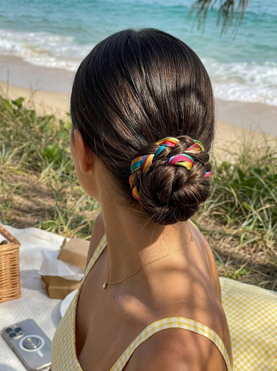 Iced espresso braided bun hairstyle with retro ribbon for summer 2026
