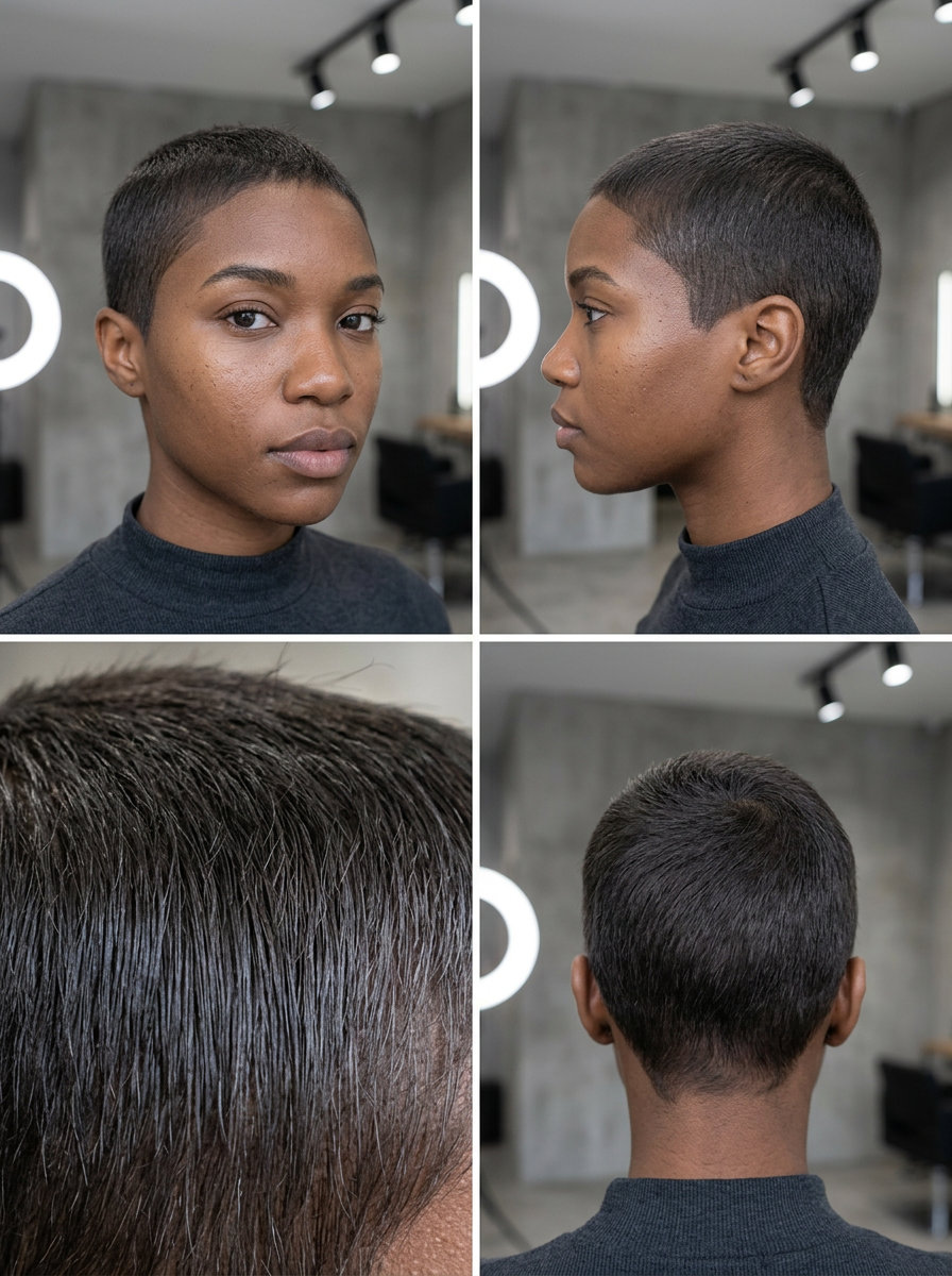 very short buzz cut with iced espresso ash-toned brunette, uniform application, and clean perimeter for edgy looks