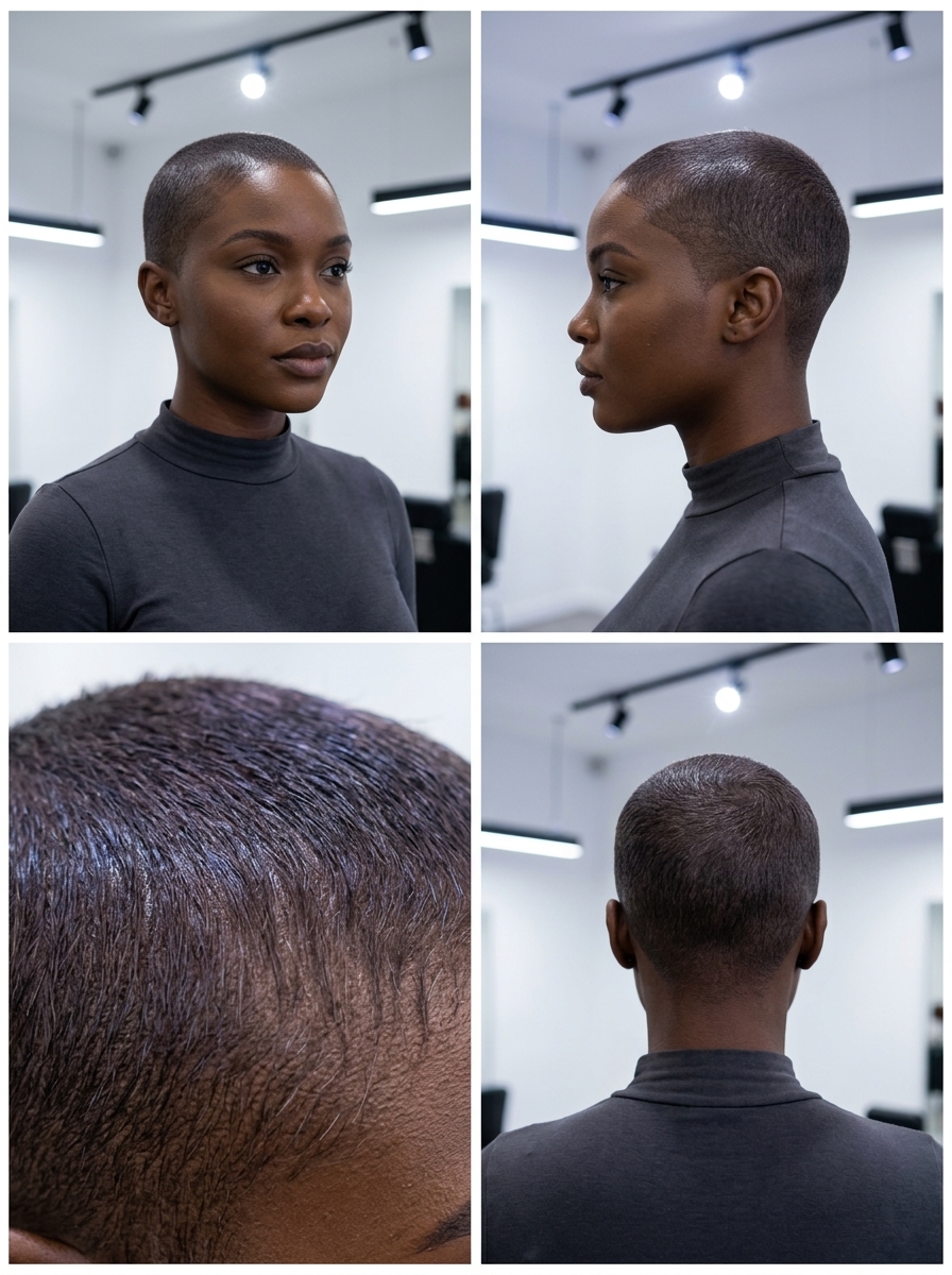iced mocha buzz cut with blue-violet undertones and a faded top for a bold look