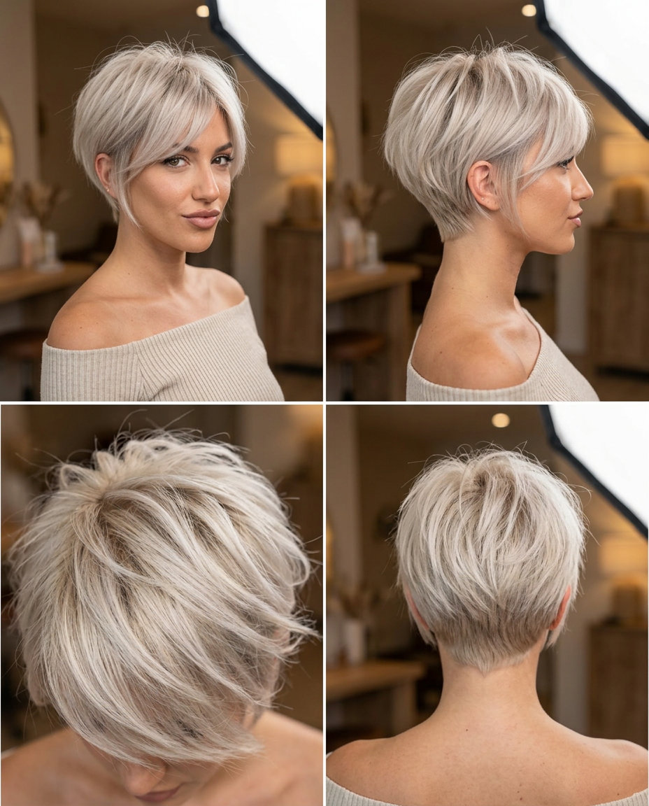 ear-length pixie crop with iced platinum blonde, cool beige undertones, side-swept fringe — edgy summer haircut for round face
