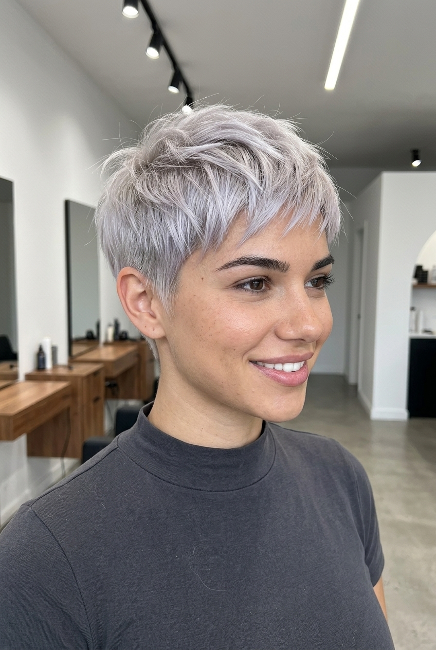 Icy Ash Blonde Pixie Cut: Edgy & Bold 2026 very short icy ash blonde pixie cut with silver-violet, razored layers, tapered sides for edgy look