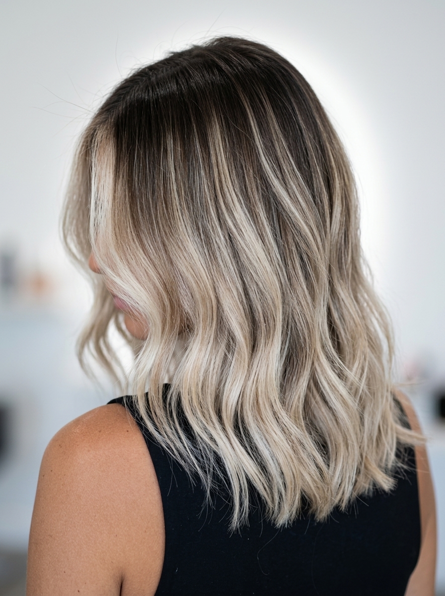 medium-length bob with icy blonde and creamy beige foilayage, dark brown root, face-framing — edgy music festival