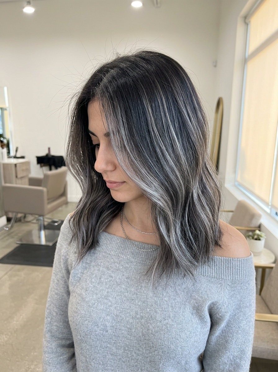 long icy midnight ribbons haircut with cool ash brunette babylights, shadow root, for sophisticated casual outings