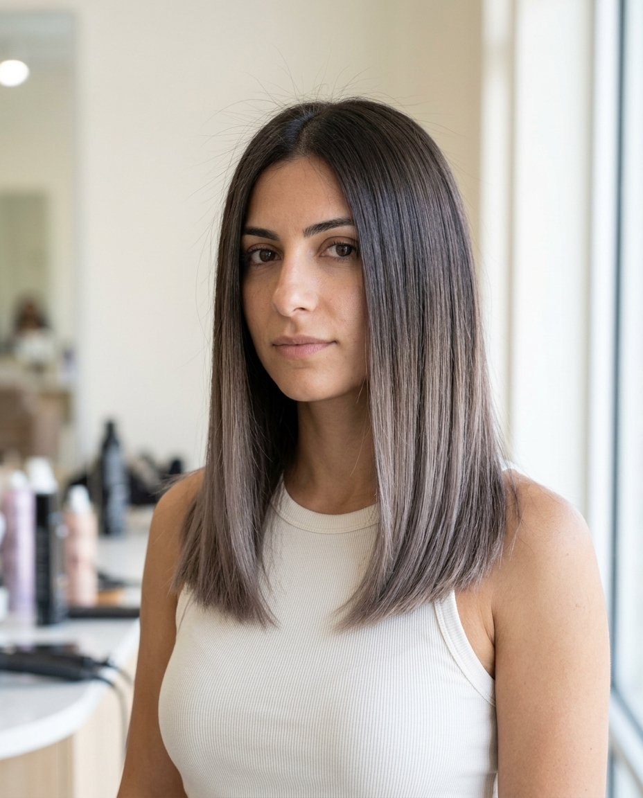 Icy Mushroom Dip-Dye 2026: Bold Contrast long blunt icy mushroom brown dip-dye with dark brown roots, blunt ends, no fringe — edgy youthful