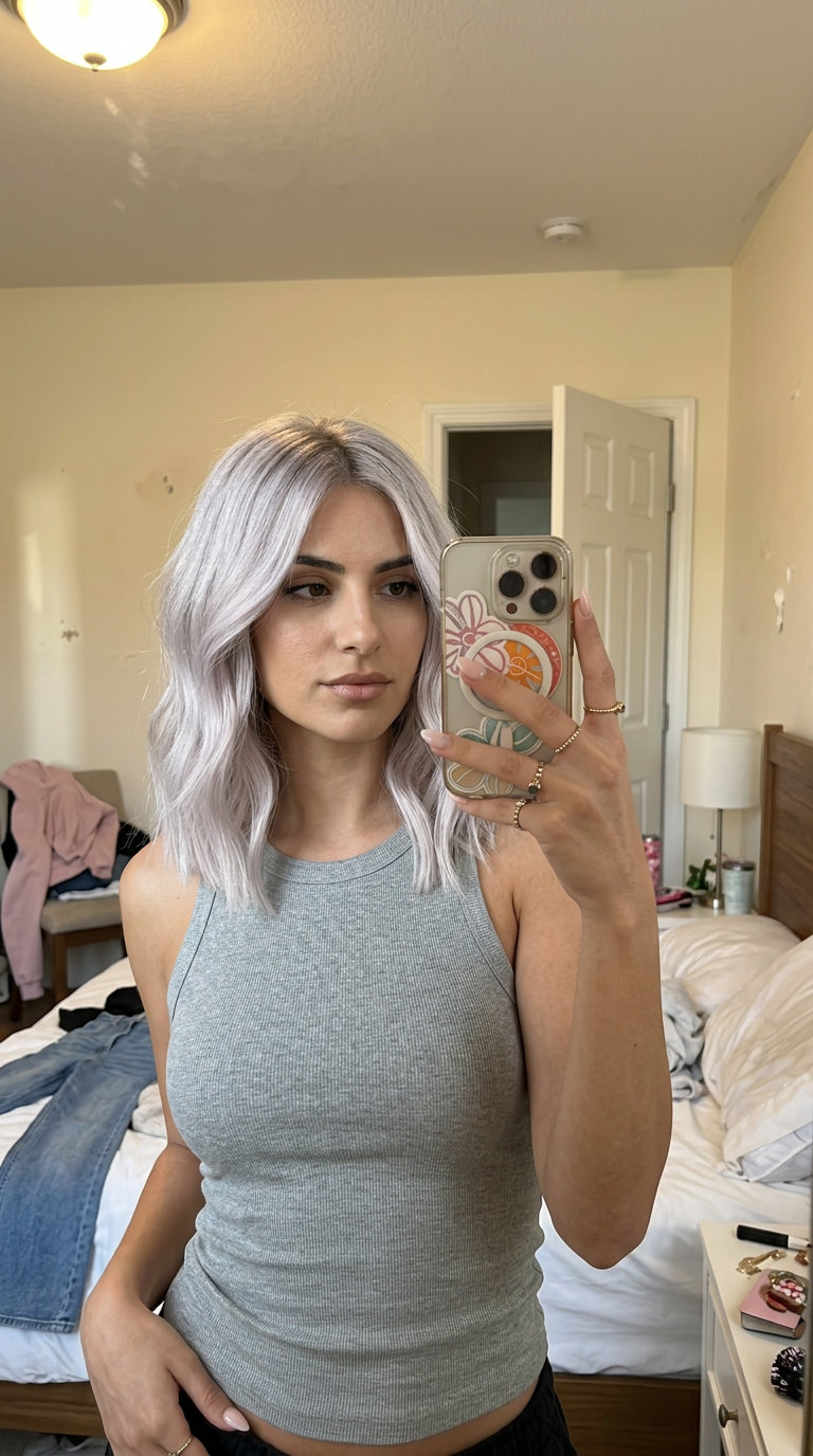 shoulder-length platinum bob haircut with icy pearl color and ash root smudge for evening