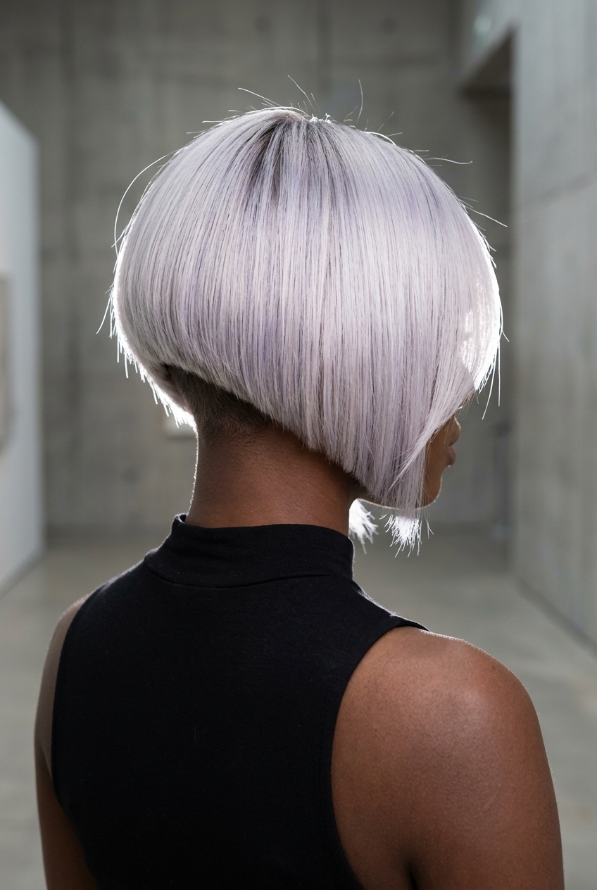 chin-length asymmetrical bob with icy platinum, shadow root and side-swept bangs — bold and edgy
