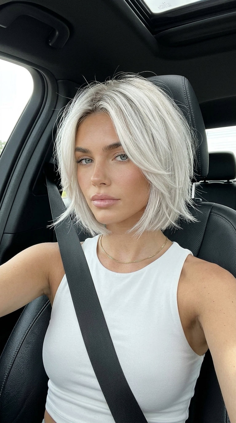 chin-length icy platinum butterfly haircut with ash root smudge and sculpted texture for edgy look