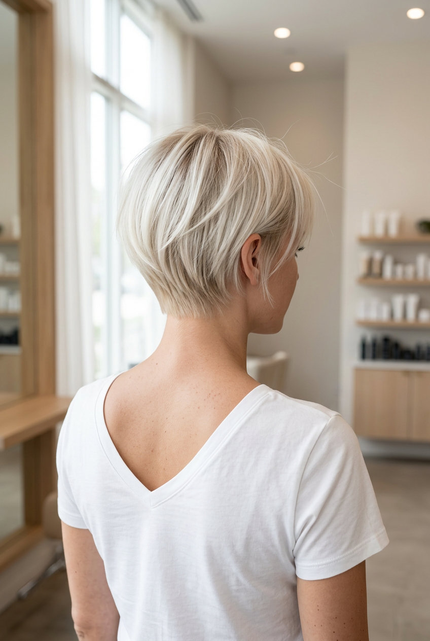 ear-length platinum pixie haircut with sandy root smudge and piecey texture for edgy look