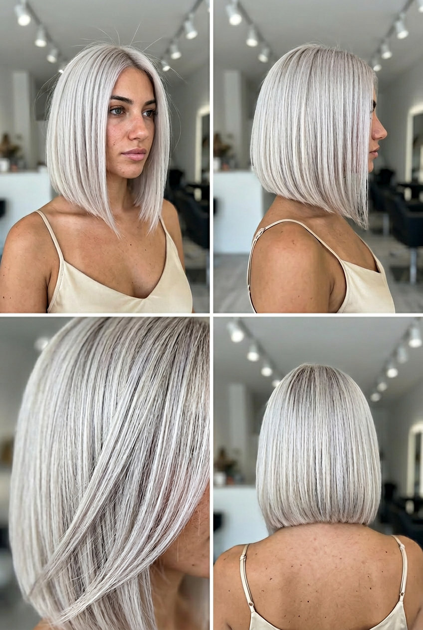 short asymmetrical blunt bob with icy platinum blonde, sharp blunt cut, deep side part — bold summer haircut for round face