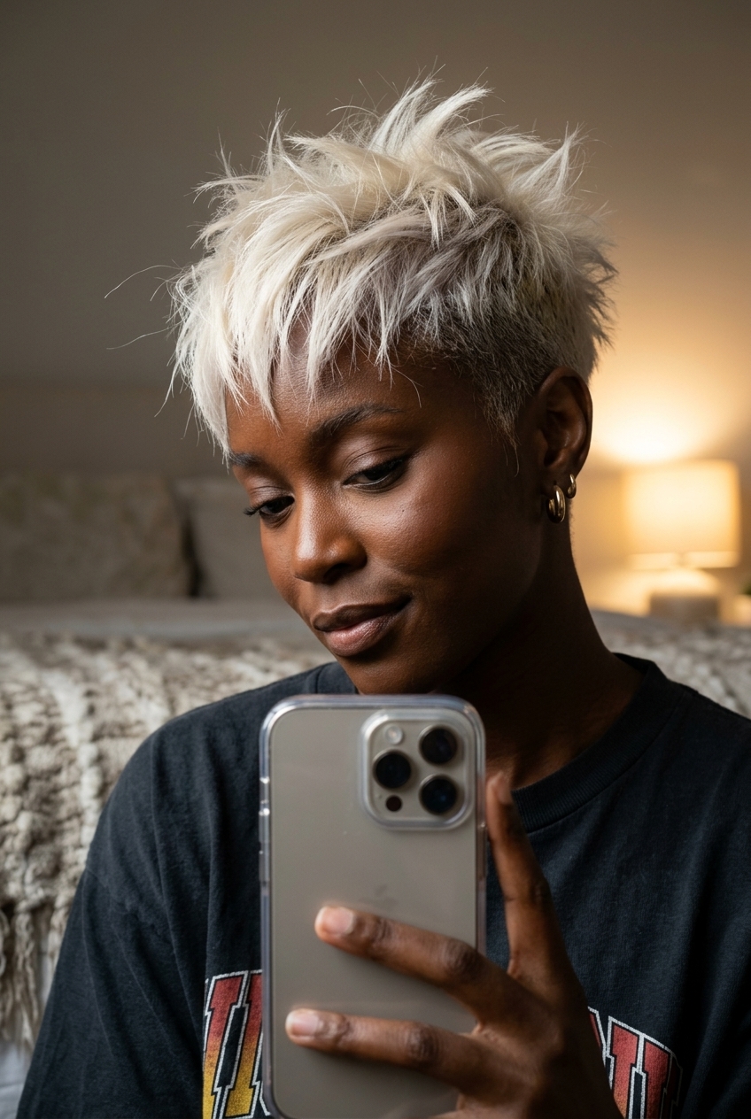 short icy platinum bixie haircut with razored layers and choppy fringe for festivals