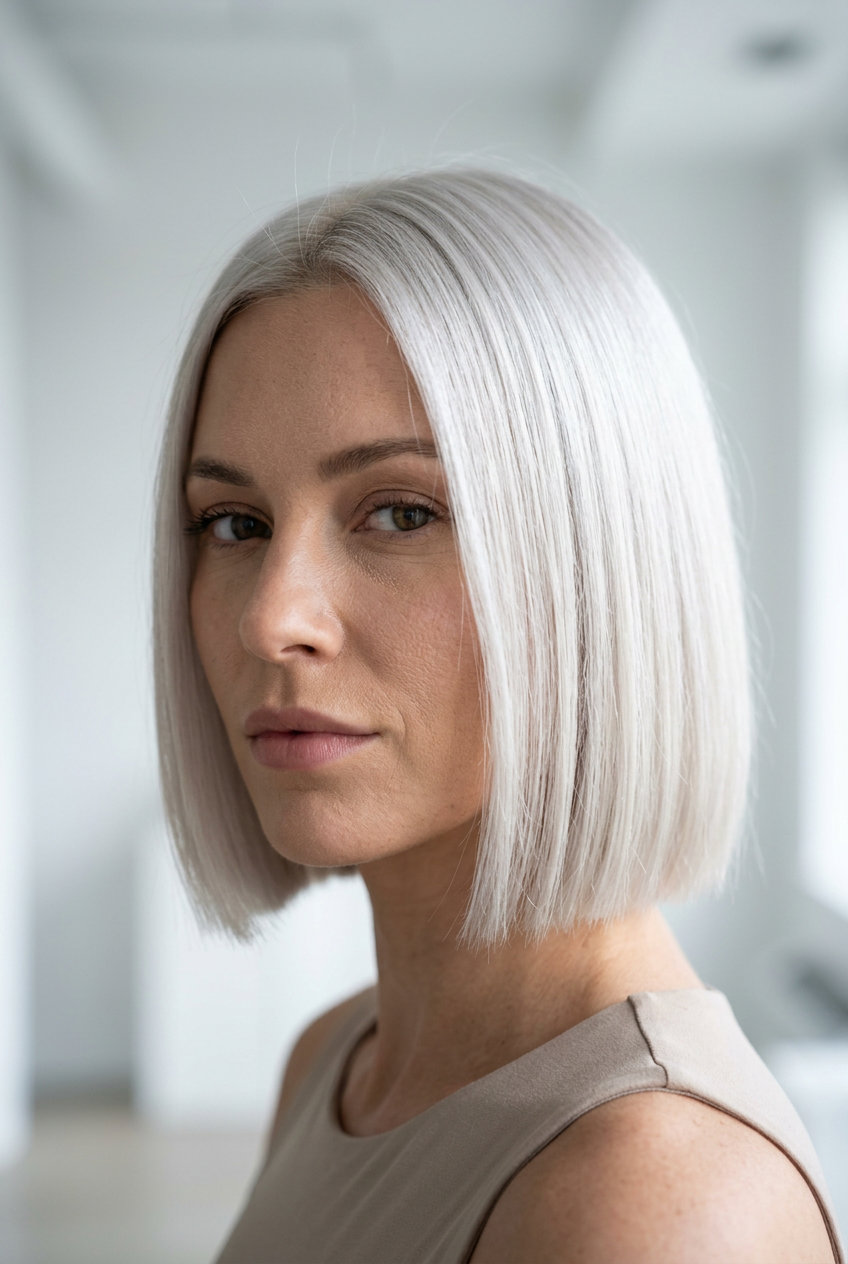 short icy platinum Italian bob with cool violet undertones, blunt cut, no fringe — glamorous date night