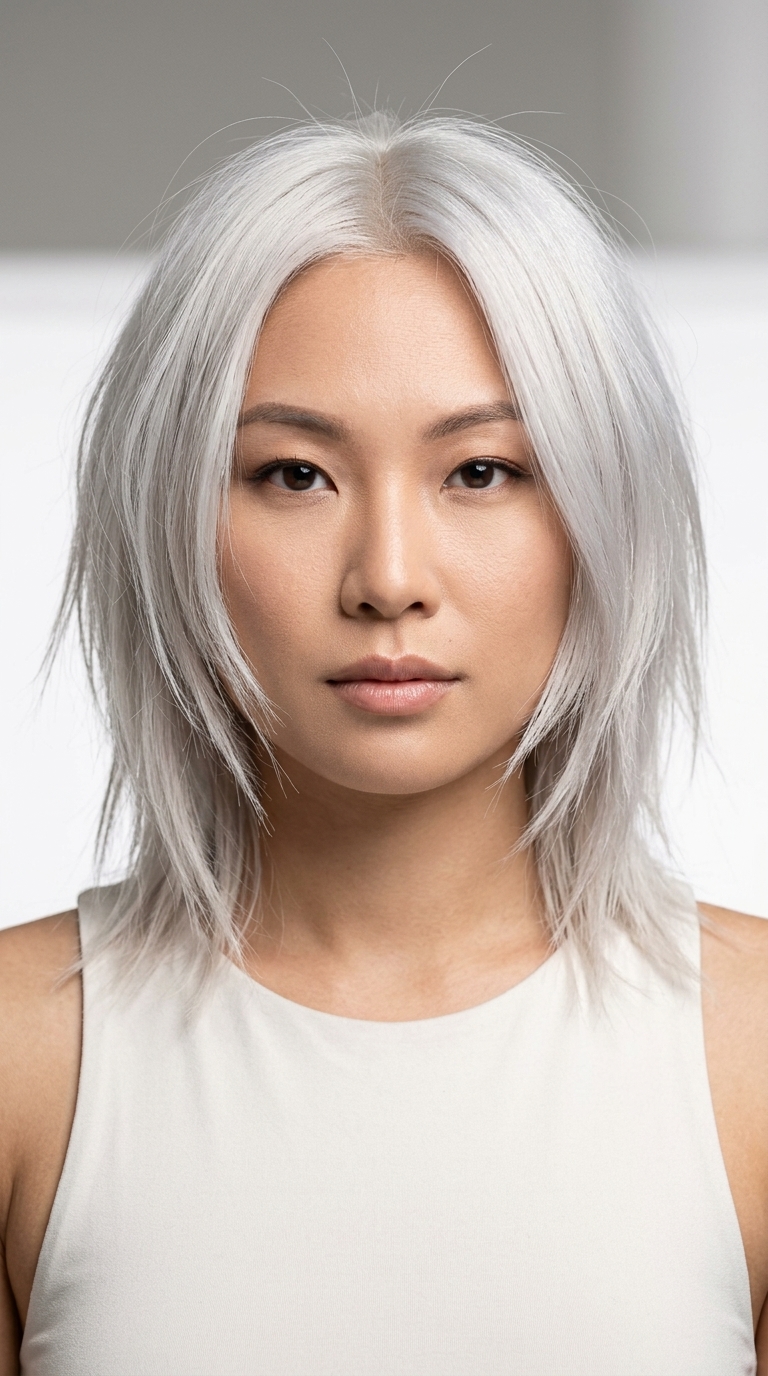 shoulder-length wispy haircut icy platinum with silver-white tone, face-framing layers for summer